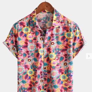 Men's Pink Floral 100% Cotton Breathable Summer Short Sleeve Hawaiian Button Up